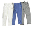 Three pairs of athletic pants : white Adidas track pants with black side stripes, blue Champion track pants, and heather gray sweatpants.