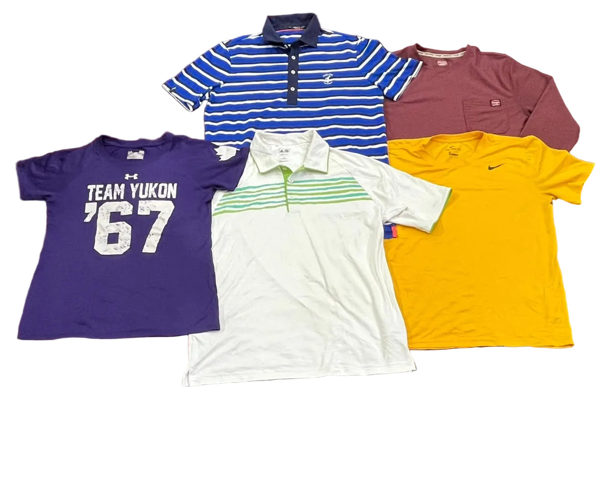 Five men's short-sleeve shirts  a purple Under Armour 'TEAM YUKON '67' tee, a blue-and-white striped polo, a white polo with green stripes, a yellow Nike polo, and a mauve long-sleeve polo.