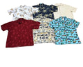 Six men's short-sleeve button-up shirts The shirts feature various tropical and animal prints in red, navy, cream, and light blue.