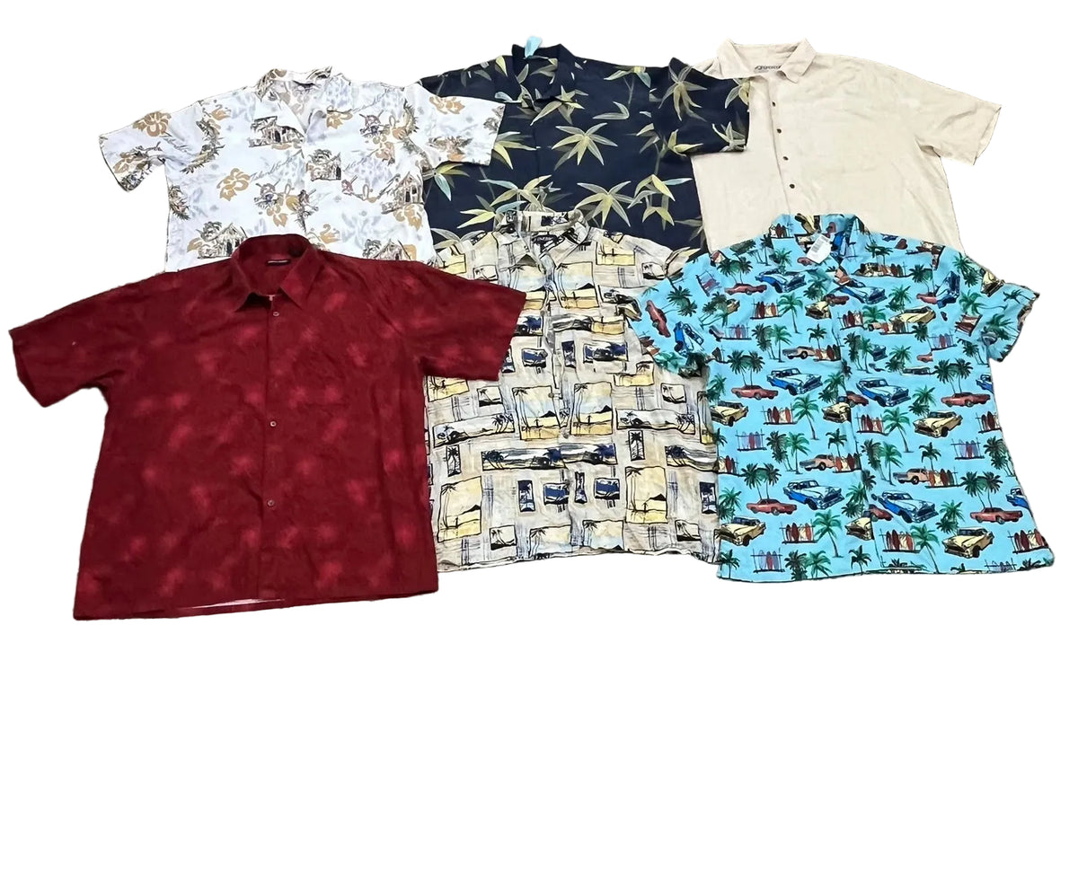 Six men's short-sleeve button-up shirts The shirts feature various tropical and animal prints in red, navy, cream, and light blue.