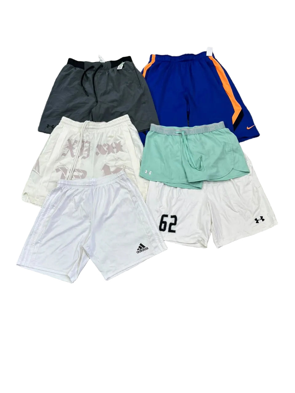 Six pairs of athletic shorts in various colors and brands are. The shorts include dark gray, blue with orange stripes, white with gray graphic, mint green, white with black number 62, and white with black Under Armour logo.