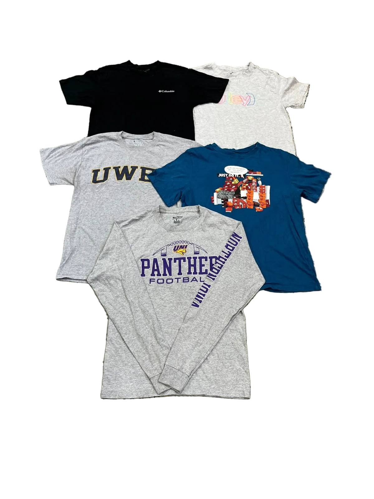 Five different t-shirts in various colors (black, white, gray, blue) are. The shirts feature various graphics, including 'UWE', a colorful cartoon graphic, and 'PANTHEES FOOTBALL VILLANOVA' on the front.