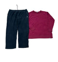 A pair of dark navy jogger pants and a maroon long-sleeve crewneck sweatshirt
