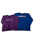 Two sweatshirts a Columbia sweatshirt in dark purple on the left and a navy Virginia sweatshirt on the right with a white Nike swoosh.