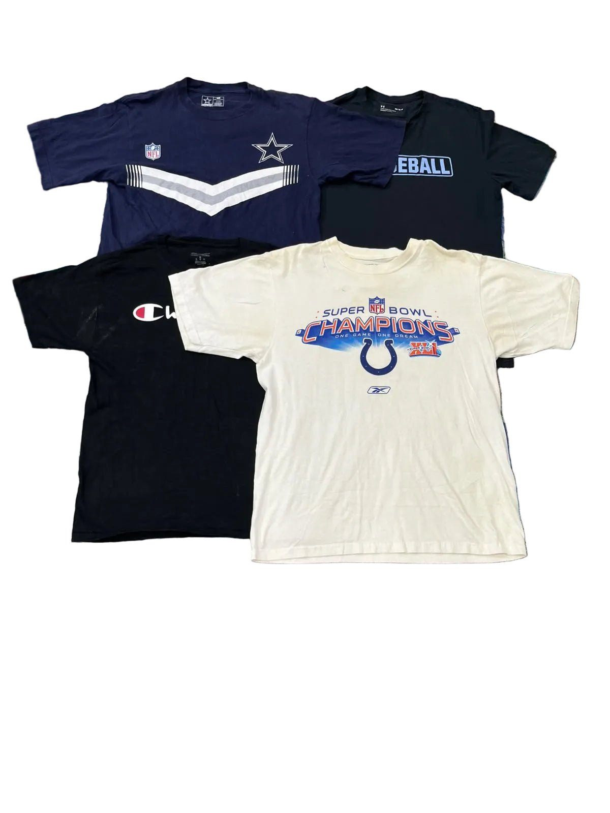 Four vintage sports t-shirts  The shirts include a navy Dallas Cowboys NFL shirt, a navy football team shirt with 'EBALL' on the chest, a black Champion shirt with a white logo, and a cream Indianapolis Colts Super Bowl championship graphic t-shirt.