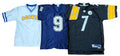 Three football jerseys a white jersey with blue trim and yellow 'O'CONTO' lettering on the left, a royal blue jersey with a large white number 9 in the center, and a black Pittsburgh Steelers jersey with yellow and white shoulder stripes and a large white number 7 on the right.