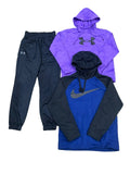 Three athletic apparel items  a purple Under Armour hoodie, navy Under Armour jogger pants, and a blue-and-navy Nike pullover hoodie.