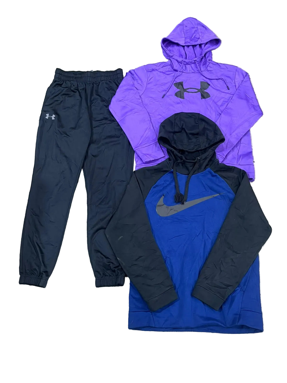 Three athletic apparel items  a purple Under Armour hoodie, navy Under Armour jogger pants, and a blue-and-navy Nike pullover hoodie.