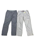 Two pairs of men's casual trousersThe pair on the left is dark gray, and the pair on the right is light gray.