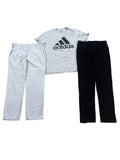 A light gray heathered Adidas t-shirt with a black logo, l all on a speckled terrazzo floor.