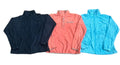 Three lightweight zip-up jackets l: one dark navy, one coral pink, and one bright blue. The coral jacket has a small chest logo.