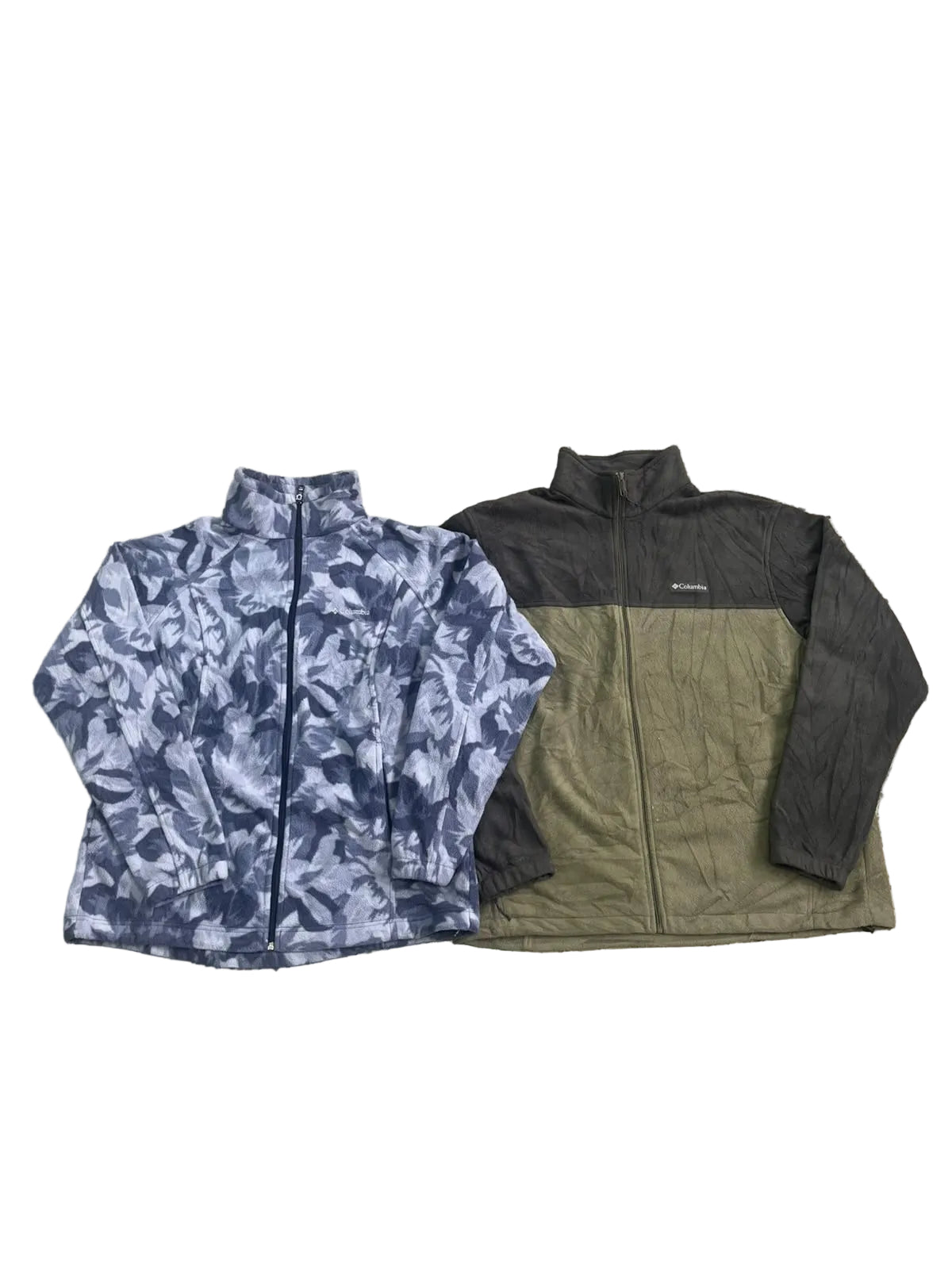 Two lightweight zip-up jackets  one in blue-gray camouflage and one in dark gray and olive green blocks.