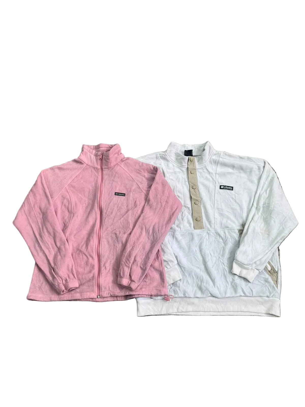 Two vintage Patagonia quarter-zip pullover jackets, one in pink and one in white,