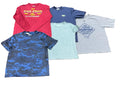 Five short-sleeve athletic t-shirts The shirts include a red Iowa State Cyclones shirt, a navy blue shirt, a light blue shirt, a blue camouflage shirt, and a gray Texas Longhorns championship shirt.