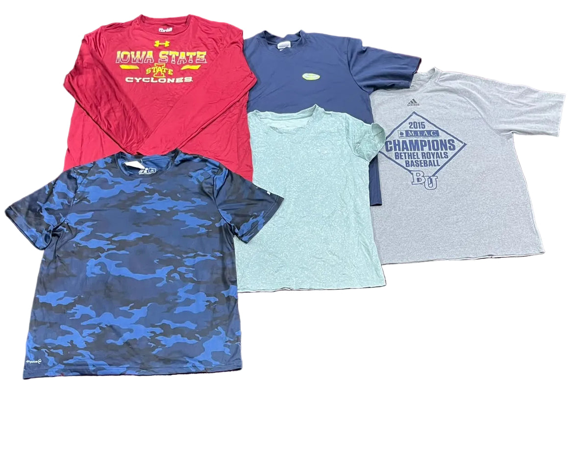 Five short-sleeve athletic t-shirts The shirts include a red Iowa State Cyclones shirt, a navy blue shirt, a light blue shirt, a blue camouflage shirt, and a gray Texas Longhorns championship shirt.