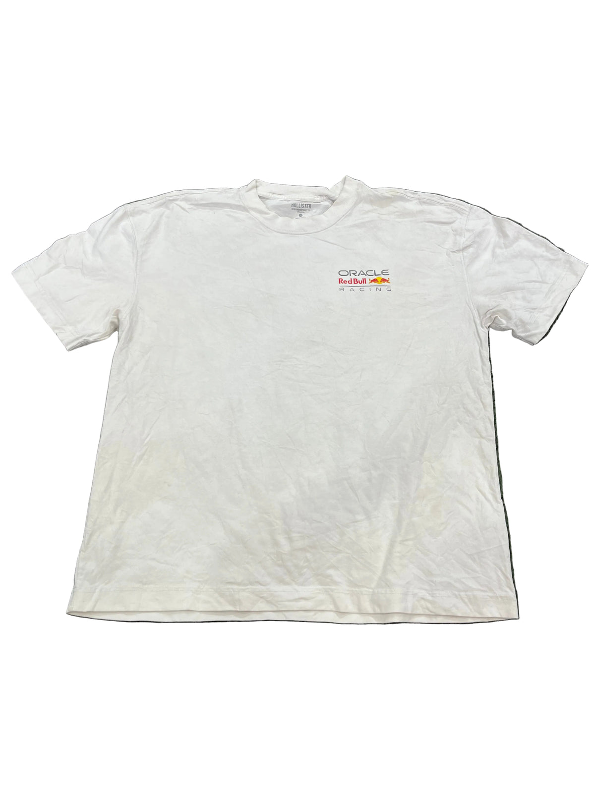 A white short-sleeve crewneck t-shirt with a small multicolor Oracle logo on the left chest