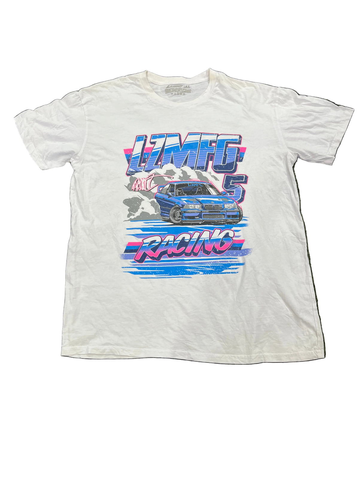 A white short-sleeve graphic t-shirt. The shirt features a colorful retro-style racing graphic with the text 'LTMFO RACING' and '5 KM1' surrounding an illustration of a blue race car.