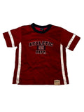 A red short-sleeve athletic t-shirt with white side stripes and 'ATHLETIC 95 DEPT.' printed on the front,