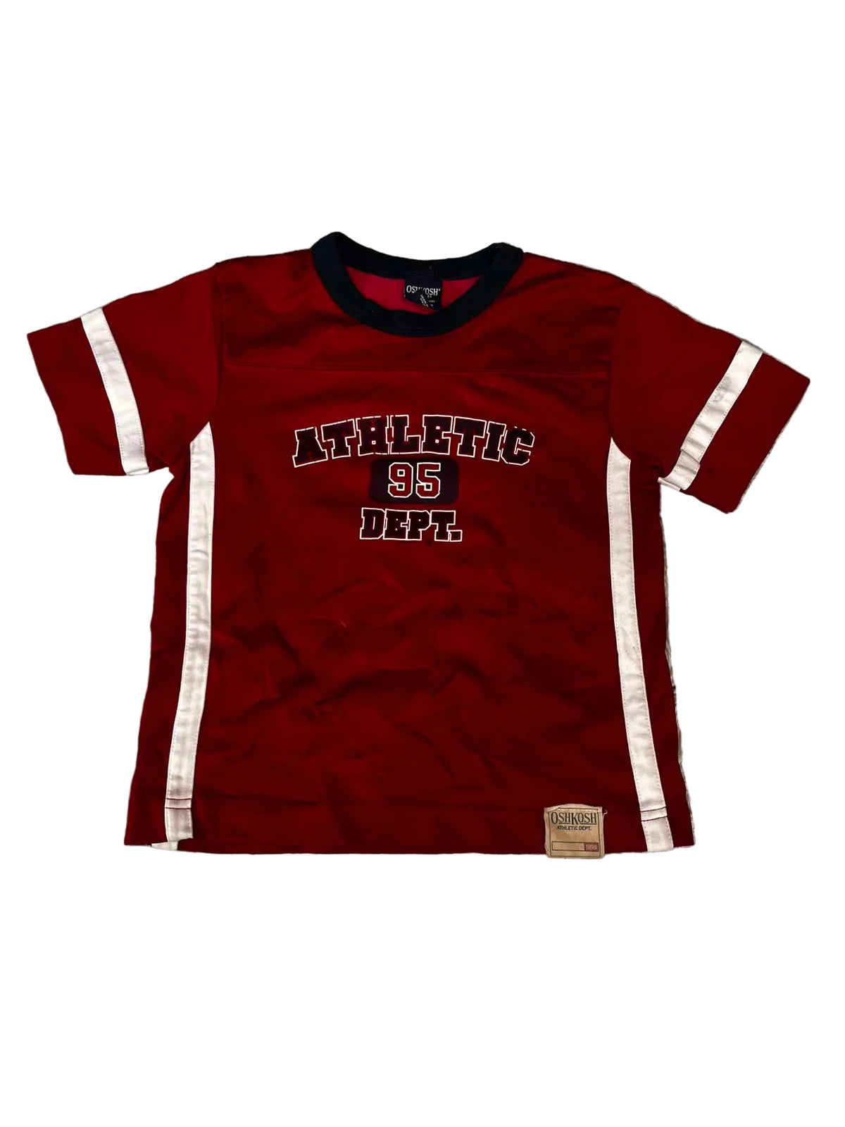 A red short-sleeve athletic t-shirt with white side stripes and 'ATHLETIC 95 DEPT.' printed on the front,