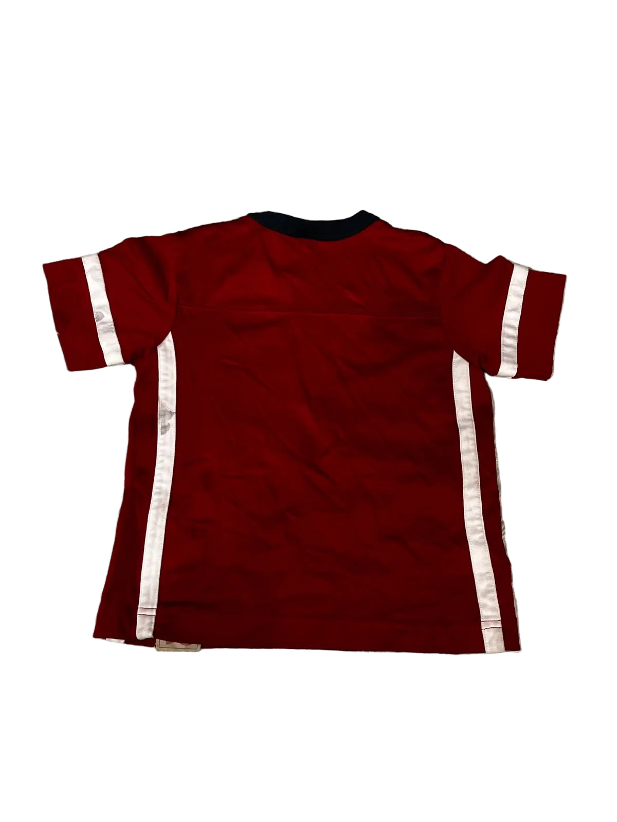 A red short-sleeve athletic jersey featuring white vertical stripes down the sides and on the sleeves, with a black collar.