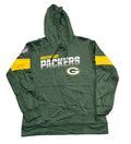 A green NFL Green Bay Packers windbreaker hoodie with yellow and white sleeve stripes and 'GREEN BAY PACKERS' text on the chest,        