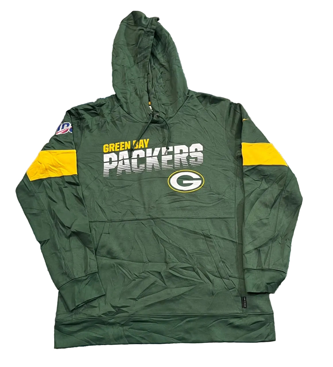 A green NFL Green Bay Packers windbreaker hoodie with yellow and white sleeve stripes and 'GREEN BAY PACKERS' text on the chest,        