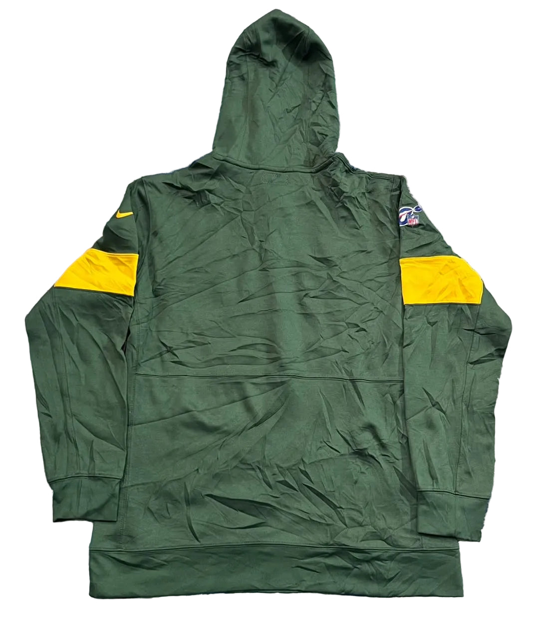 A dark green hooded windbreaker jacket with yellow sleeve stripes,