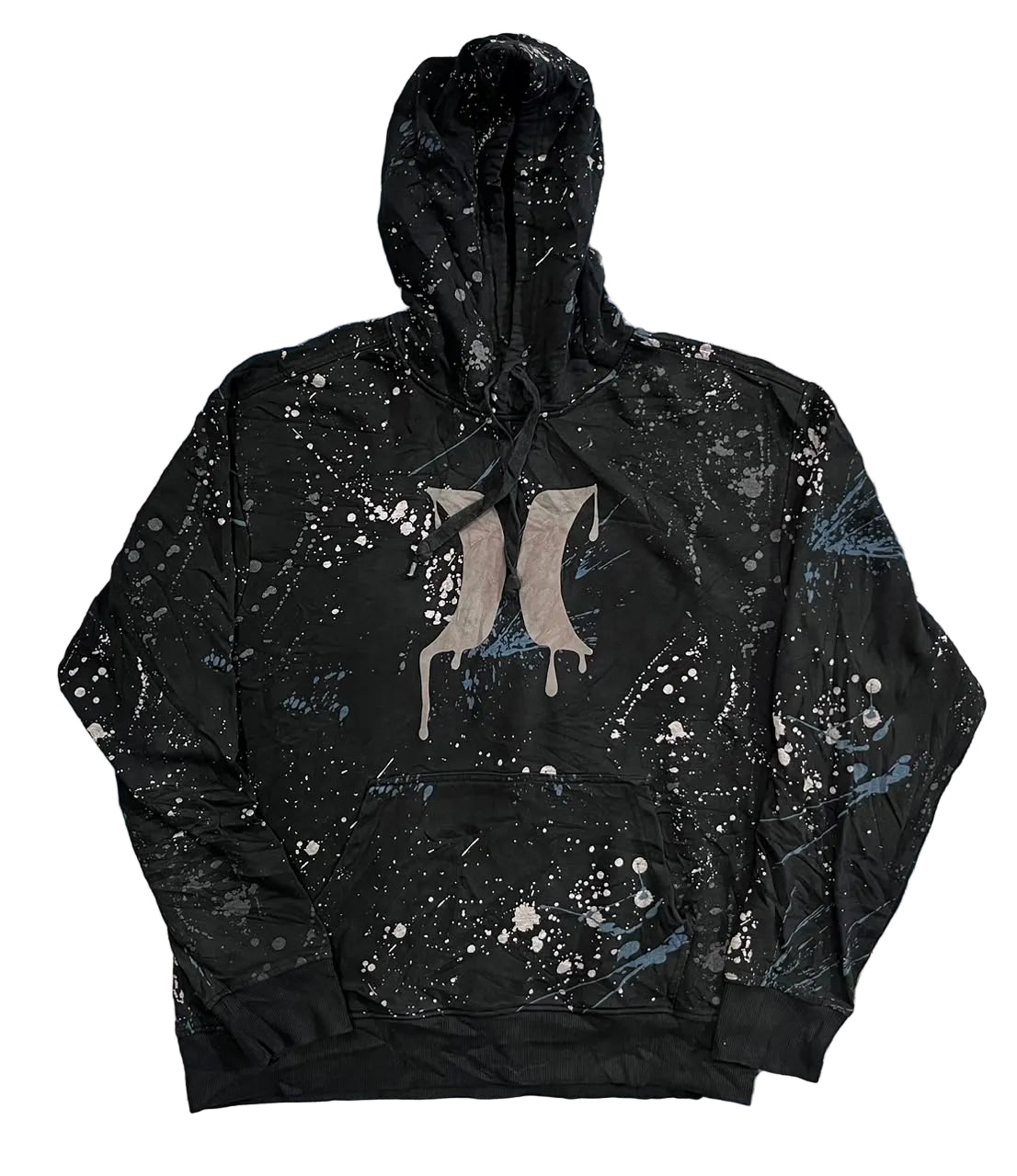 A black pullover hoodie with a white and blue paint splatter pattern and a large gray stylized 'H' logo on the chest,