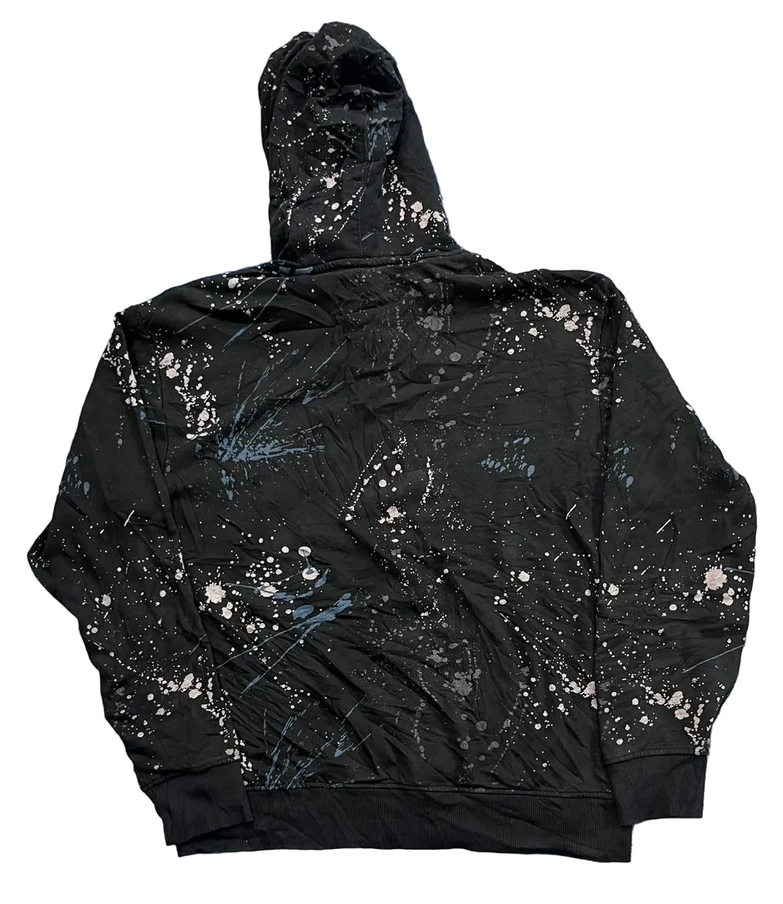 A black hooded sweatshirt with a white and blue paint splatter pattern, 