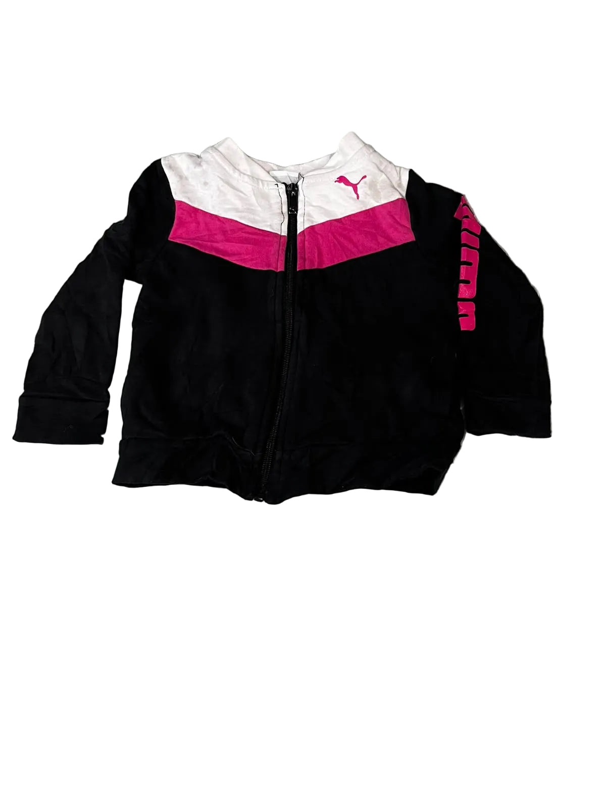 A Puma kids' black zip-up track jacket with a white and bright pink color-blocked design,