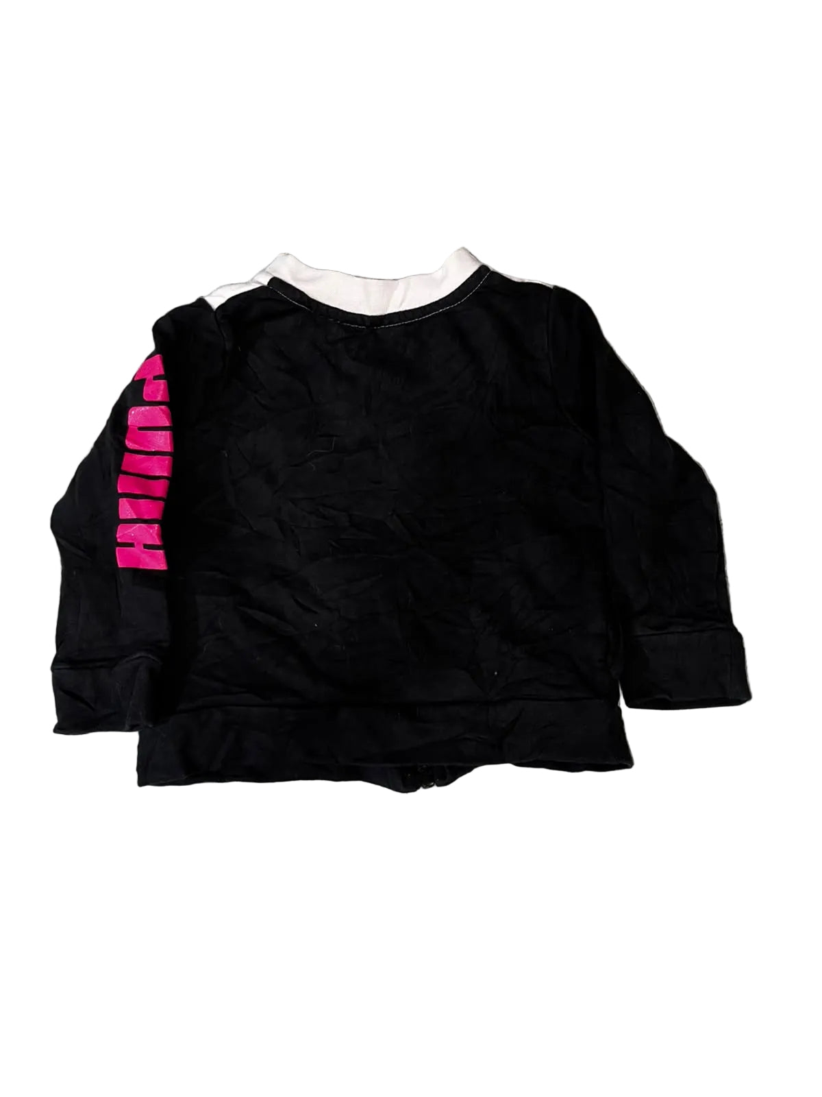 A black long-sleeve top, featuring a white ribbed collar and a bright pink vertical text graphic on one sleeve.