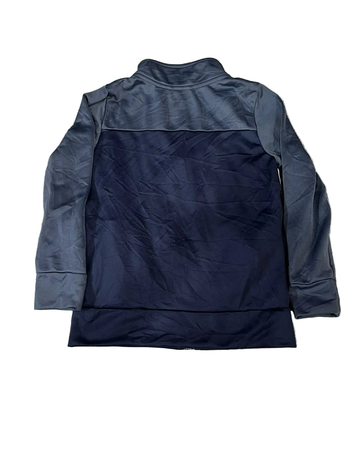 A dark navy blue and gray athletic jacketshowing the back view.