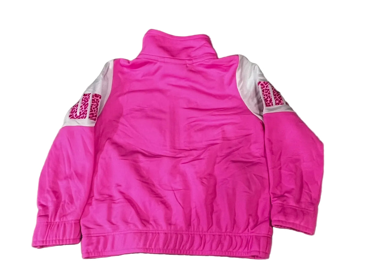 A bright pink athletic jacket with white sleeve panels and pink leopard-print sleeve patches.