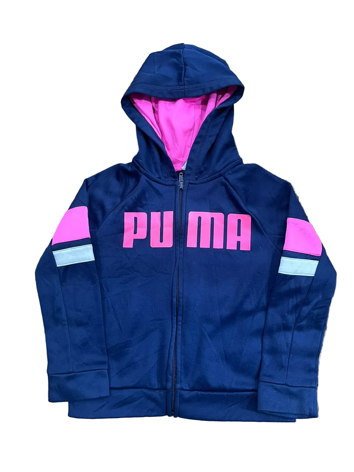 A navy blue Puma zip-up hoodie with a bright pink hood lining and pink 'PUMA' lettering on the chest, The sleeves feature pink and light blue reflective stripes.