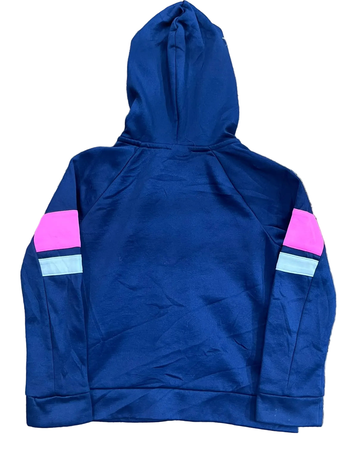 A blue hooded sweatshirt  featuring bright pink and light blue color-blocked sleeve accents.