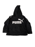 A black Puma hoodie with a white logo and text on the front, 