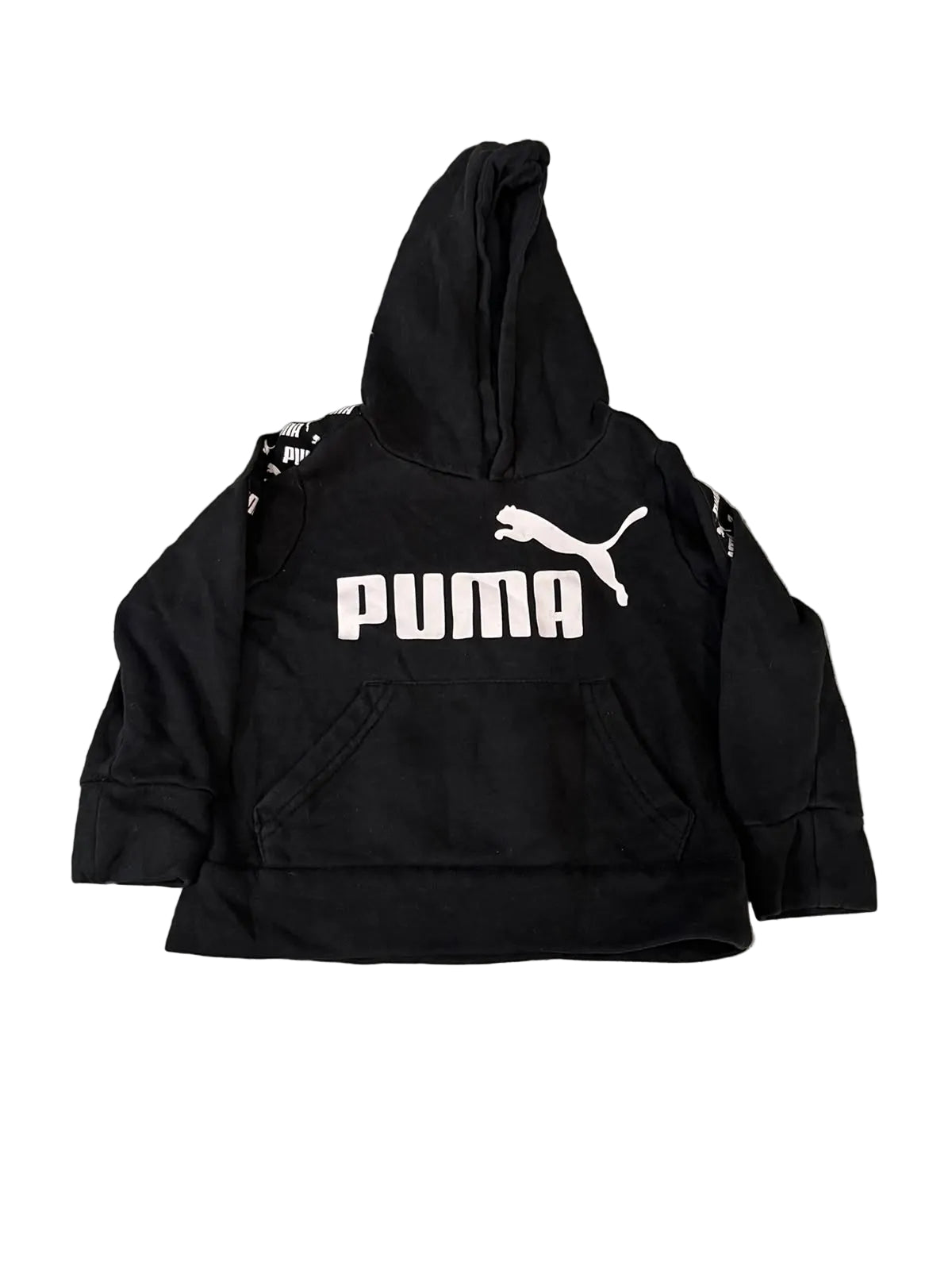 A black Puma hoodie with a white logo and text on the front, 