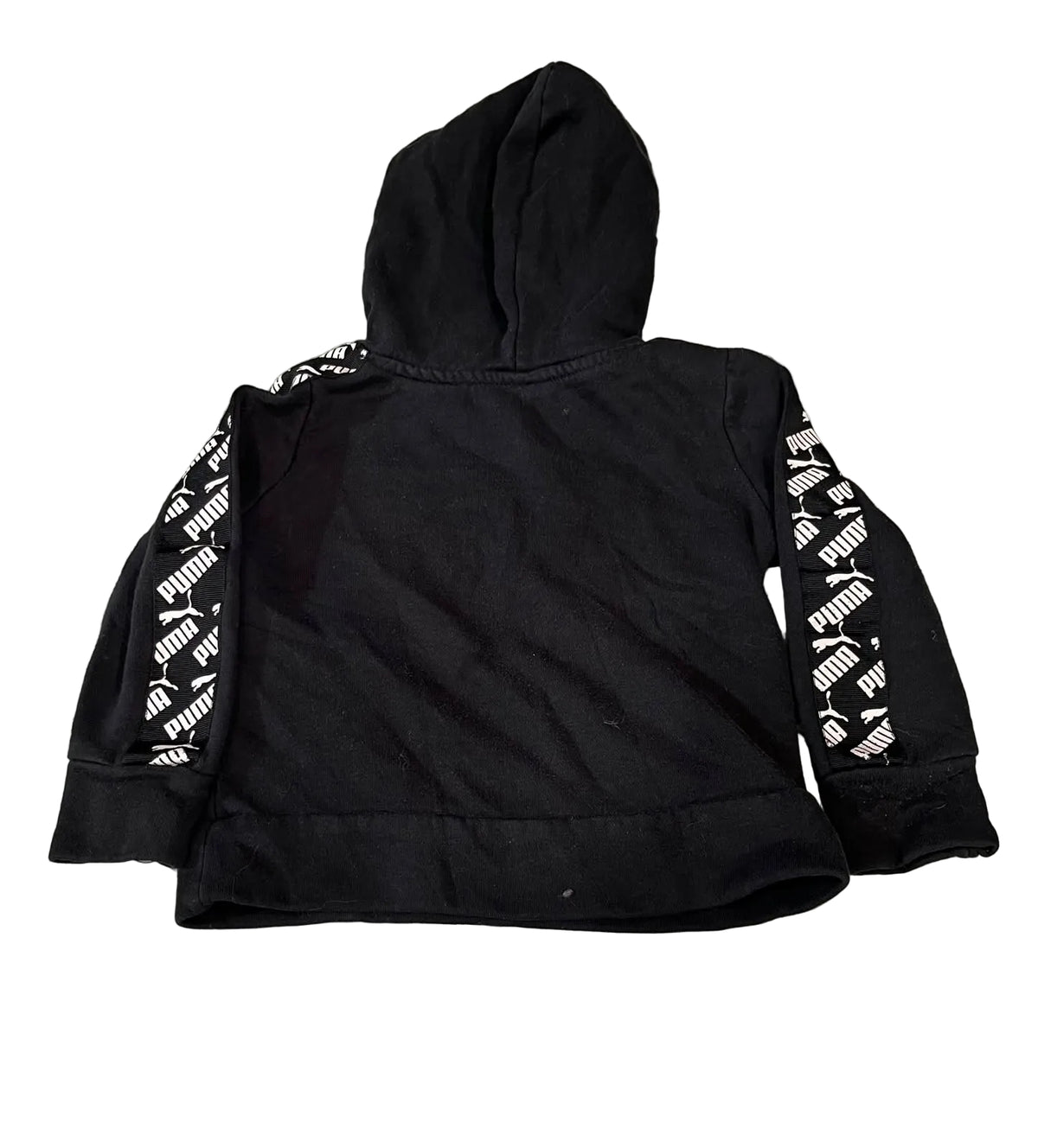 A black hooded sweatshirt, showing the back view with white Puma logos printed along both sleeves.