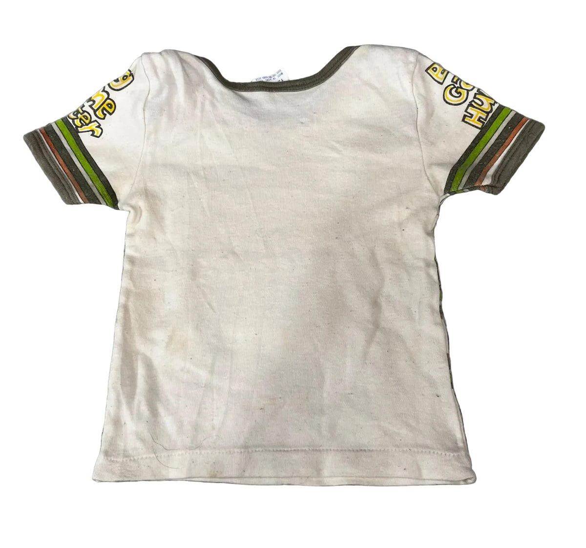 A vintage cream-colored short-sleeve t-shirt with green, orange, and yellow striped sleeves and yellow text on the cuffs, 