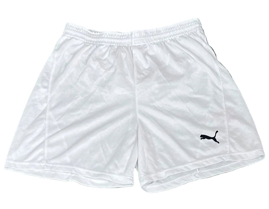 White Puma athletic shorts  featuring a black Puma cat logo on the lower left leg.