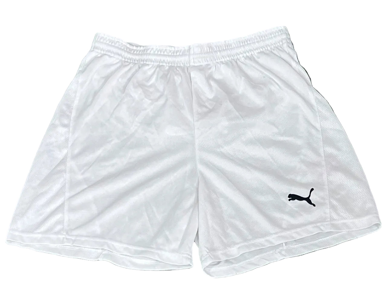 White Puma athletic shorts  featuring a black Puma cat logo on the lower left leg.