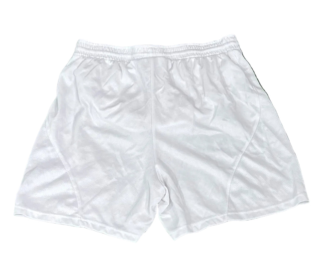 White athletic shorts with an elastic waistband,