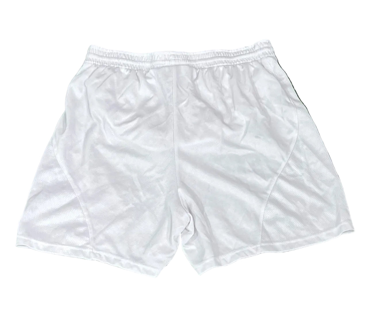 White athletic shorts with an elastic waistband,