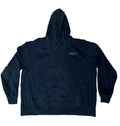 A dark navy blue hooded sweatshirt with a small rectangular logo patch on the left chest.