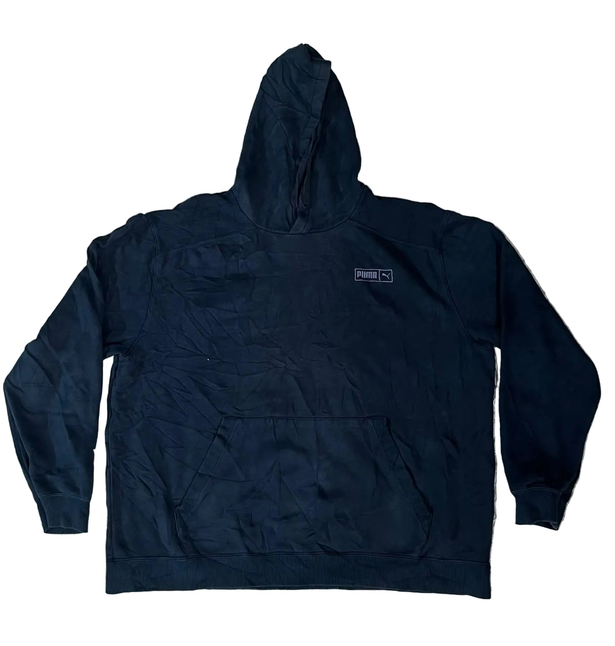 A dark navy blue hooded sweatshirt with a small rectangular logo patch on the left chest.