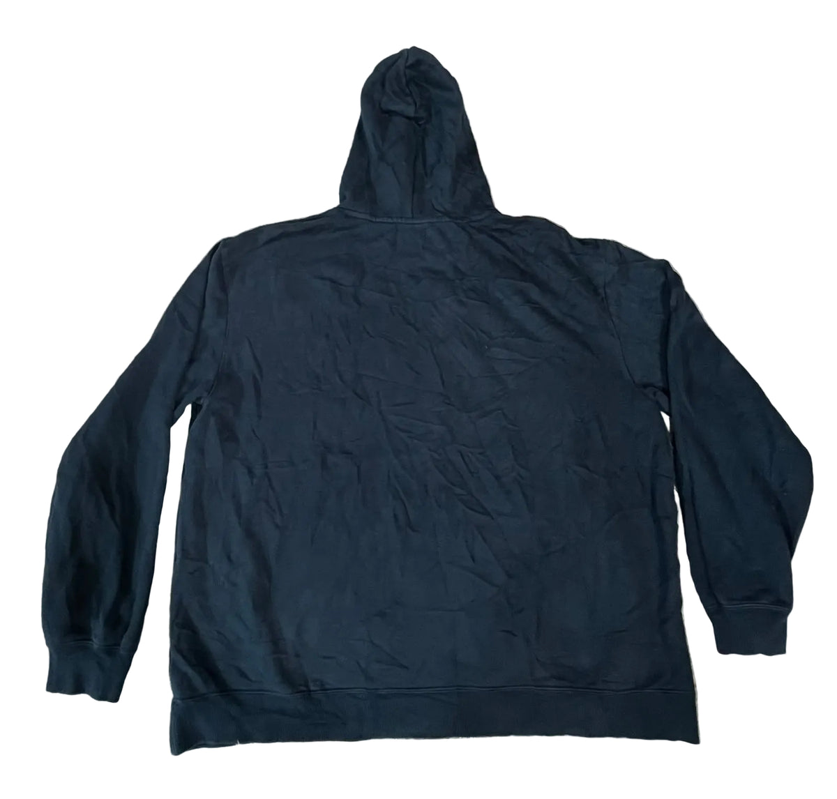 A dark navy blue zip-up hoodie on the white background