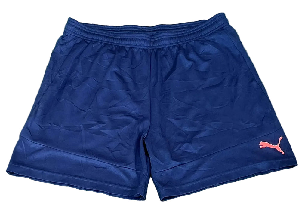 Navy blue athletic shorts with a small orange Puma logo on the lower left hem