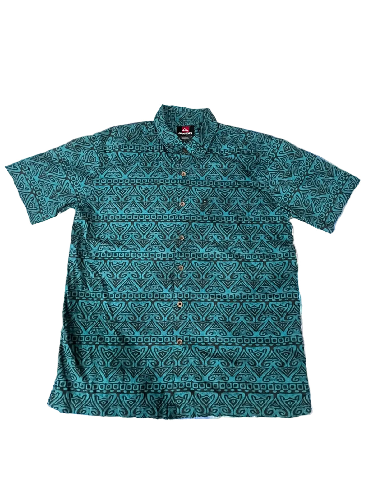 A short-sleeve button-up shirt with a dark teal and black geometric pattern, 