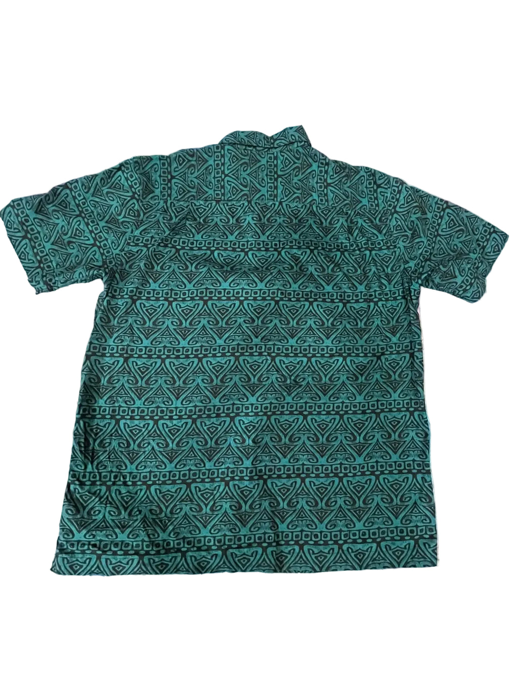 A short-sleeve collared shirt with a dark green and teal geometric pattern