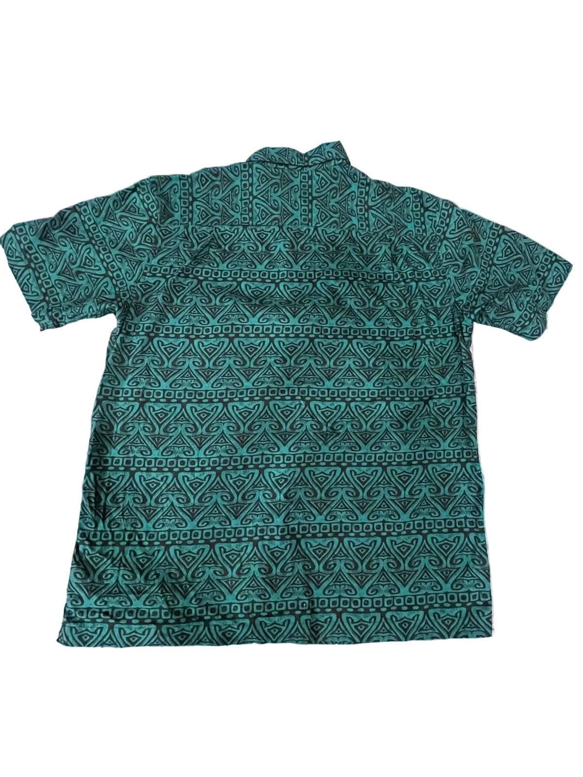 A short-sleeve collared shirt with a dark green and teal geometric pattern